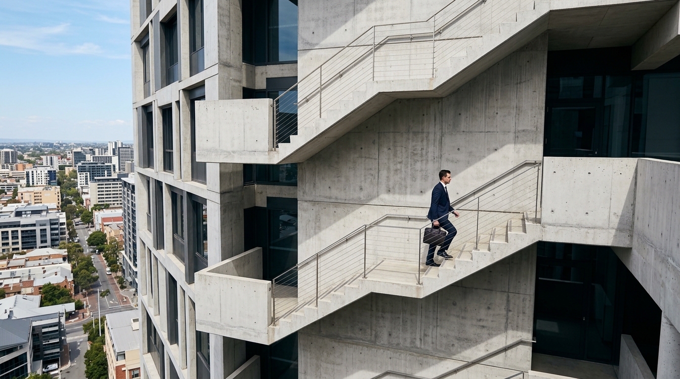 Businessman walking up architectural staircase
